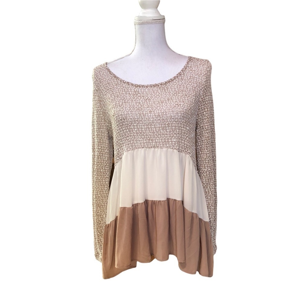 ENTRO - WOMENS PRETTY CREME AND TAN LAYERED TOP EST SIZE SMALL